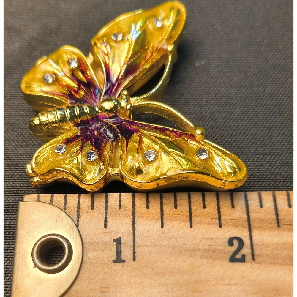 Vintage Butterfly Trinket Pill Box Gold Tone Enamel Rhinestone Hinged